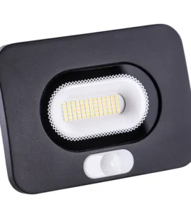 Thorgeon LED Floodlight 30W with PIR sensor, black housing, and transparent glass cover.