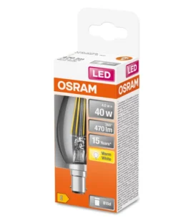 OSRAM LED Retrofit CLASSIC B bulb, 4W, 2700K warm white, clear, candle-shaped, energy-saving with wide beam angle for ambient lighting