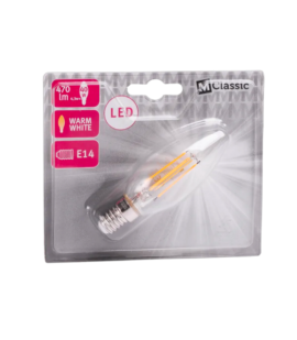 Migros LED Filament Bulb E14 4.3W B35, 2700K warm white, clear glass, energy-efficient for home and office lighting