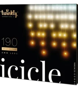 Image of Twinkly Icicle 190 Gold Edi LED AWW lights, showcasing their bright, adjustable white lights and elegant icicle design.