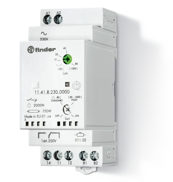 Image of Light Dependent Relay 35mm.1CO 16A/230VAC, showcasing its white plastic body and compact design suitable for efficient lighting control.