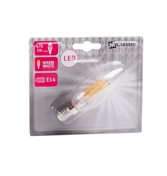 Migros LED Filament Bulb E14 4.3W B35, 2700K warm white, clear glass, energy-efficient for home and office lighting