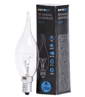 PATRON Incandescent Bulb E14 25W BA35, clear model, providing traditional and warm lighting for various indoor environments