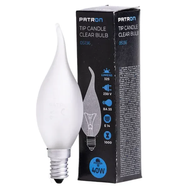 PATRON Incandescent Bulb E14 40W BA35, frosted design, ideal for creating warm and inviting lighting atmospheres