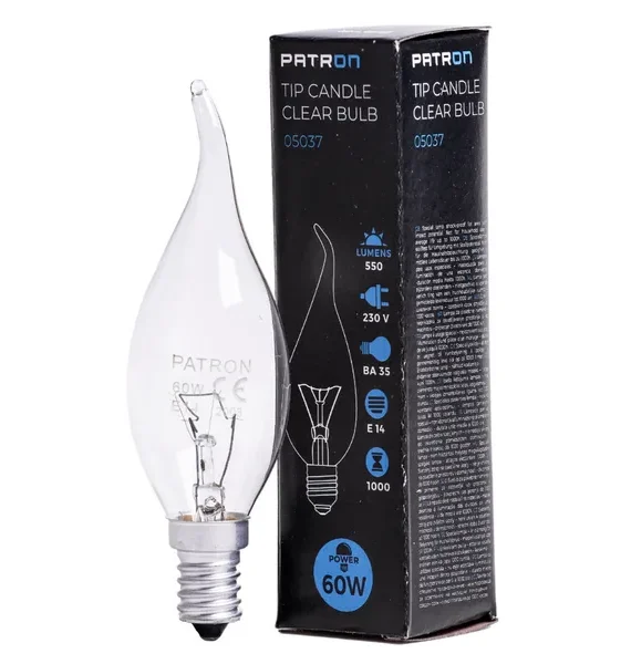 PATRON Incandescent Bulb E14 60W BA35, clear and powerful, ideal for providing bright and reliable lighting in various settings