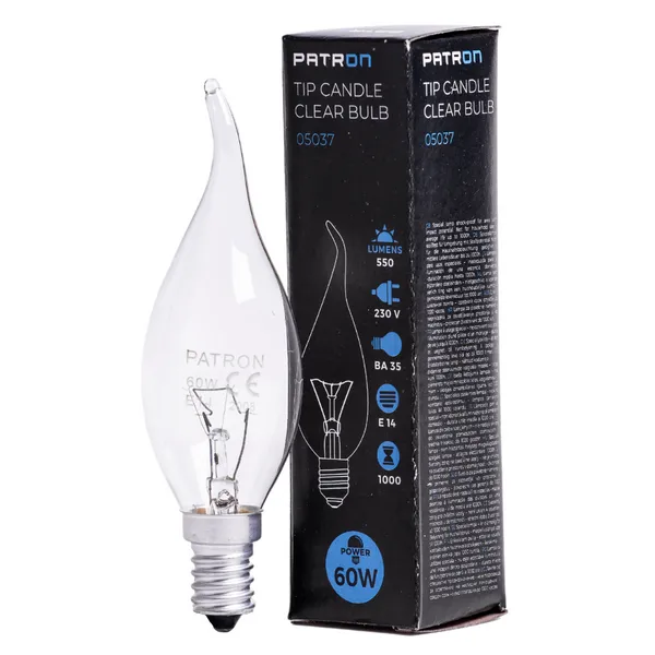 PATRON Incandescent Bulb E14 60W BA35, clear and powerful, ideal for providing bright and reliable lighting in various settings
